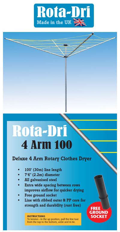 Rota-Dri 4 Arm 30mtr Rotary Washing Line - WITH FREE GROUND POST